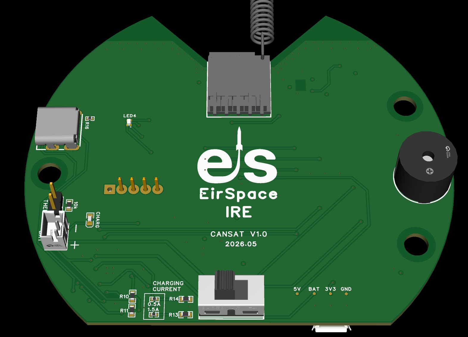 CanSat PCB 3D render - bottom view with EirSpace branding