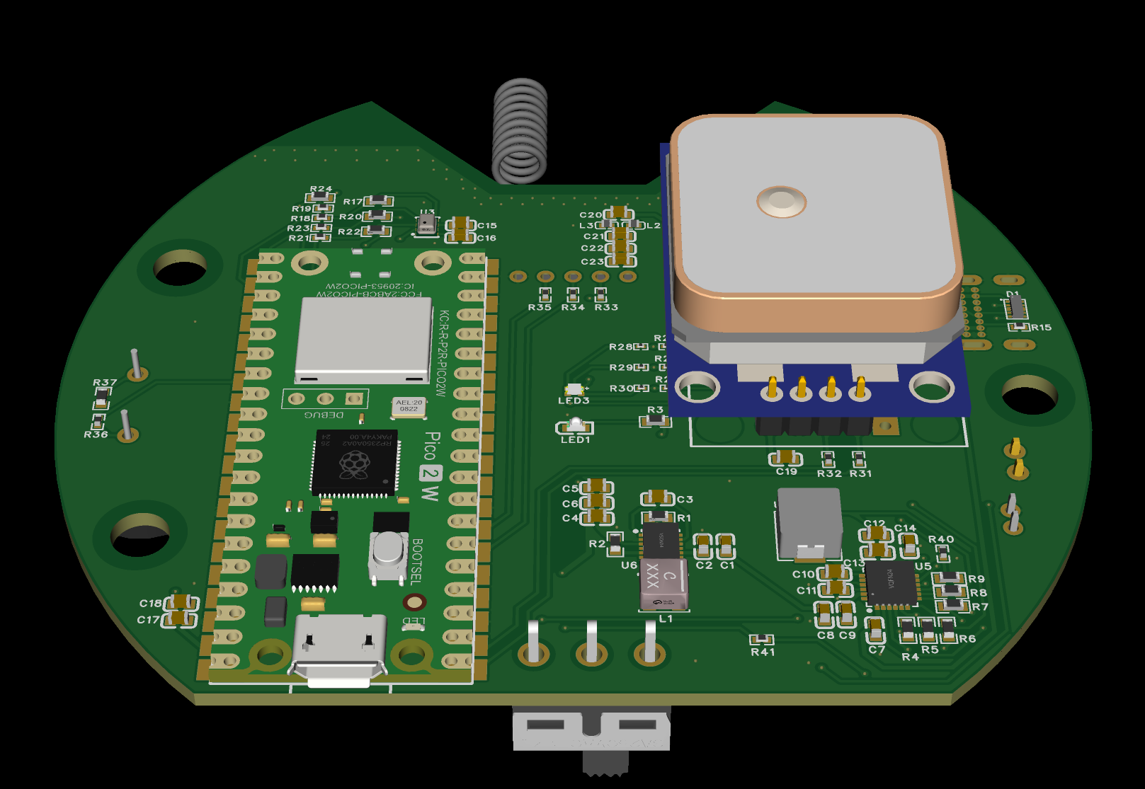 CanSat PCB 3D render - top view